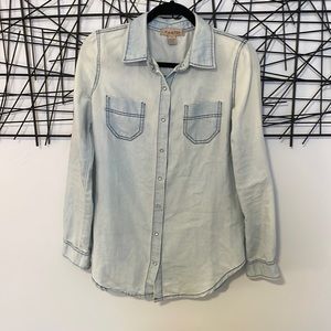 Linen blue button up shirt with blue stitching